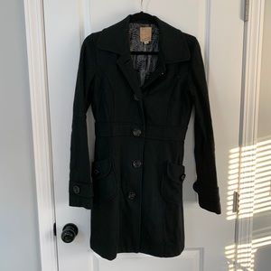 Long Black Pea Coat with Buttons